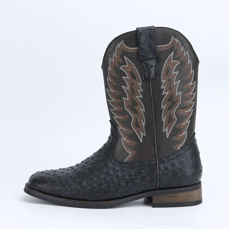 Men's black retro Western-style square toe motorcycle boots with embroidery on a mid-calf shaft.