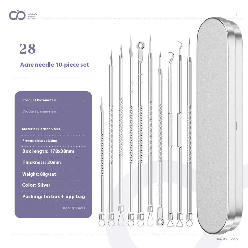 Four silver metal acne needles with ultra-fine pointed tips for blackhead extraction.
