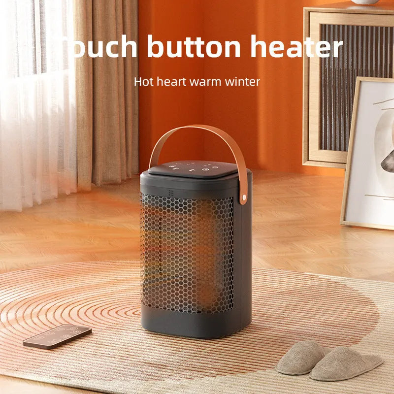 White PTC electric heating radiator with a digital touch screen remote control on a table.