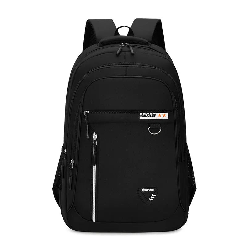 Men's Oxford cloth schoolbag in black with letter pattern detailing showing 20-35L capacity and burden reduction system