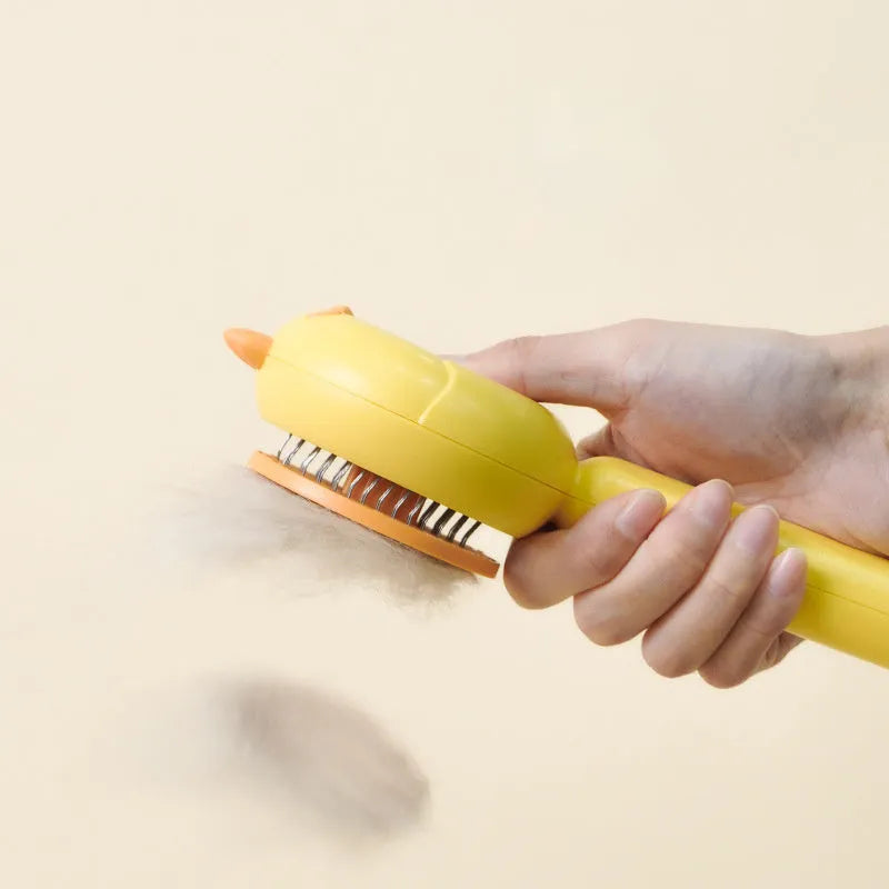 Self-cleaning pet grooming brush with purple white yellow options showing stainless steel bristles