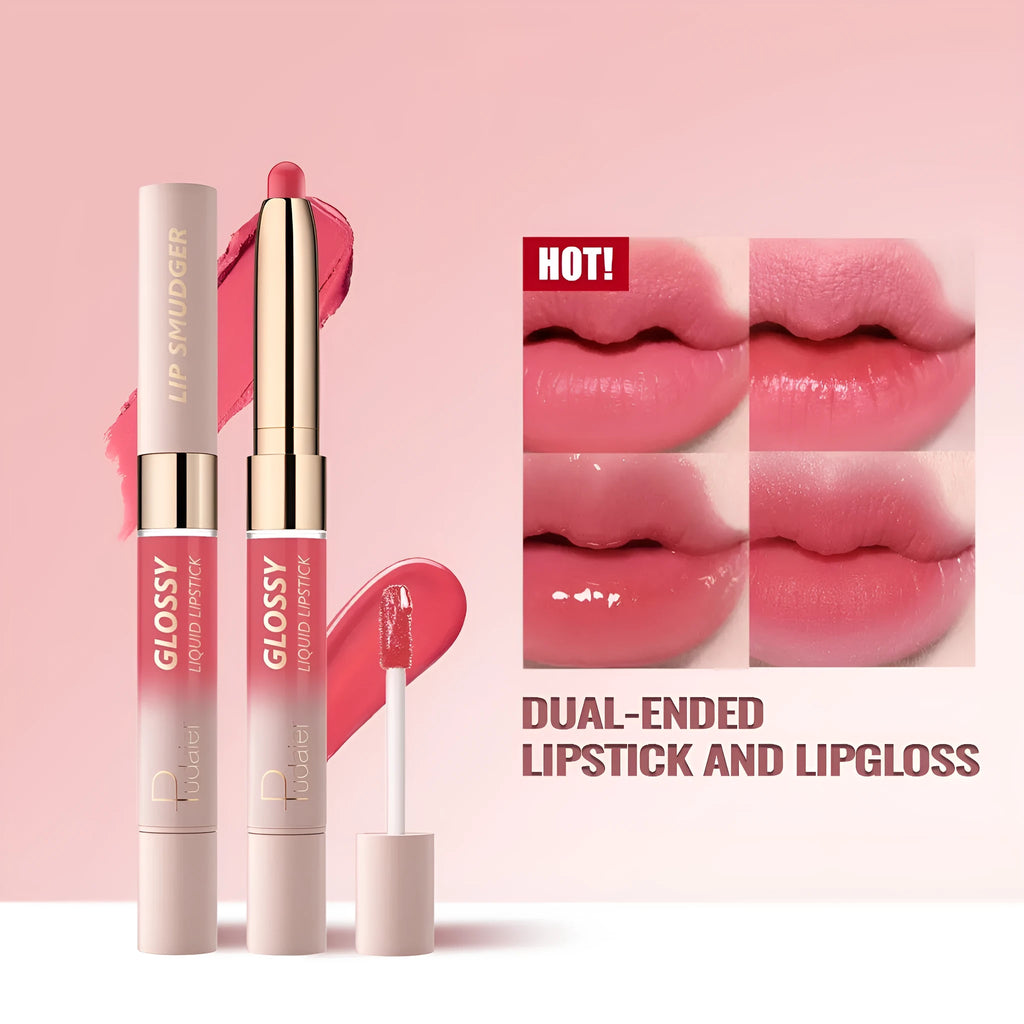 Double-headed lipstick and lip gloss in matte finish, showing ten different shade colour options.