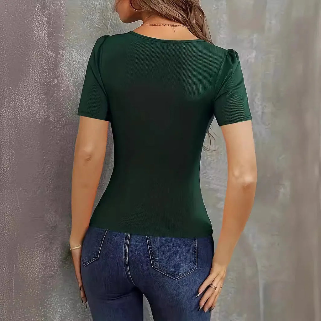 Women's slim fit knitted short sleeve top in wine red colour