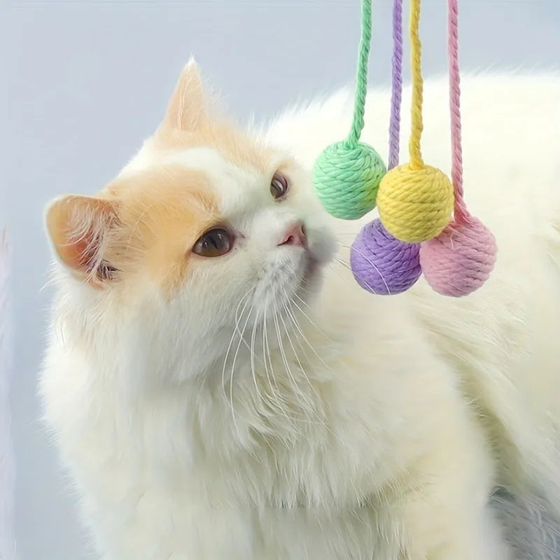 Colourful cat toy ball with a rope and built-in bell for interactive kitten play.