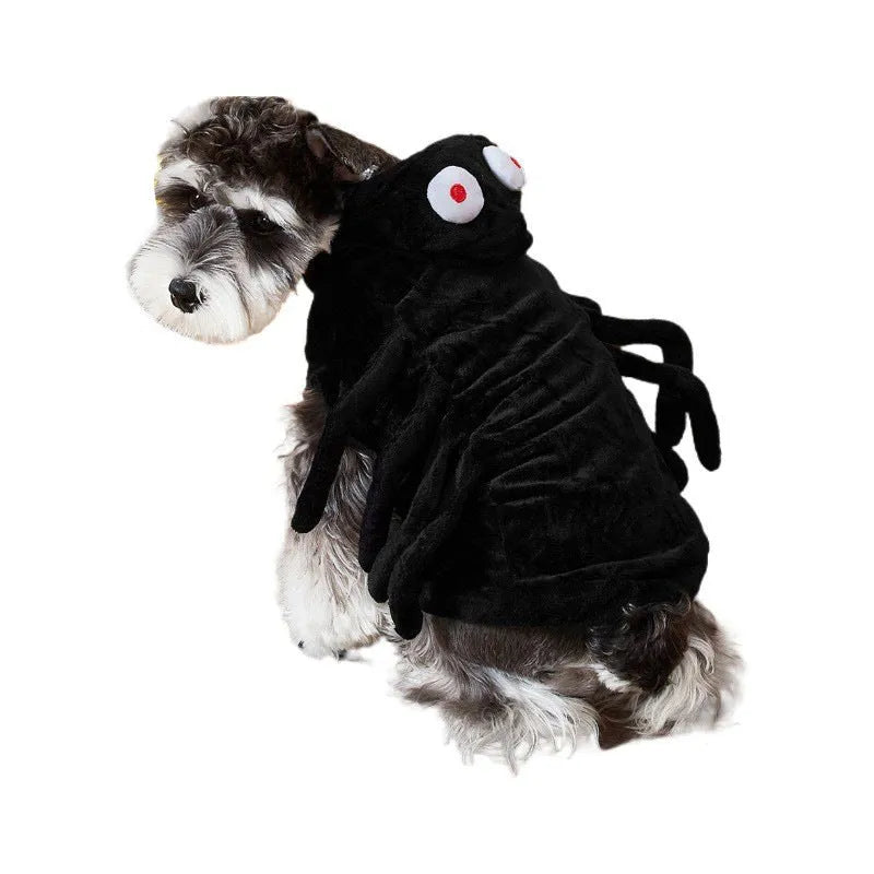 Polyester dog costume with black spider pattern for Halloween events in small, medium, or large sizes