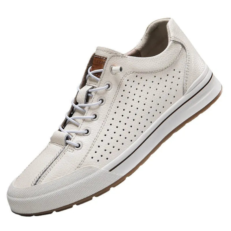 Men's white and black matte leather casual shoes with flat heel and round toe, showing hollow-out, standard, and fleece-lined versions.