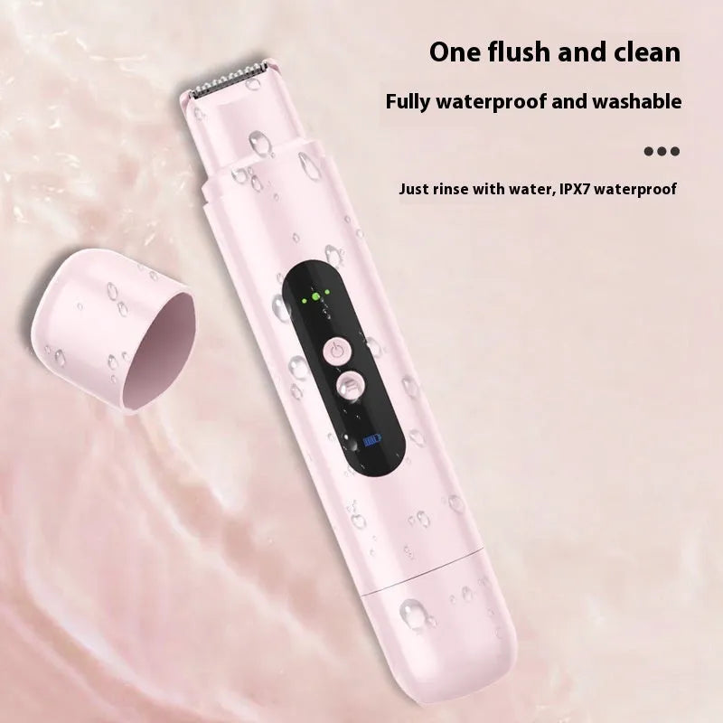 White and pink portable electric body hair trimmer with USB cable on a plain background.
