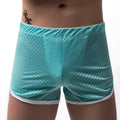Men's three-point boxers in black, grey, blue, and white on a mid waist mannequin.