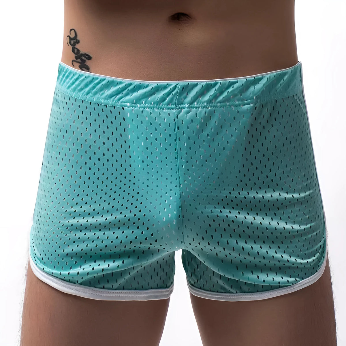 Men's three-point boxers in black, grey, blue, and white on a mid waist mannequin.