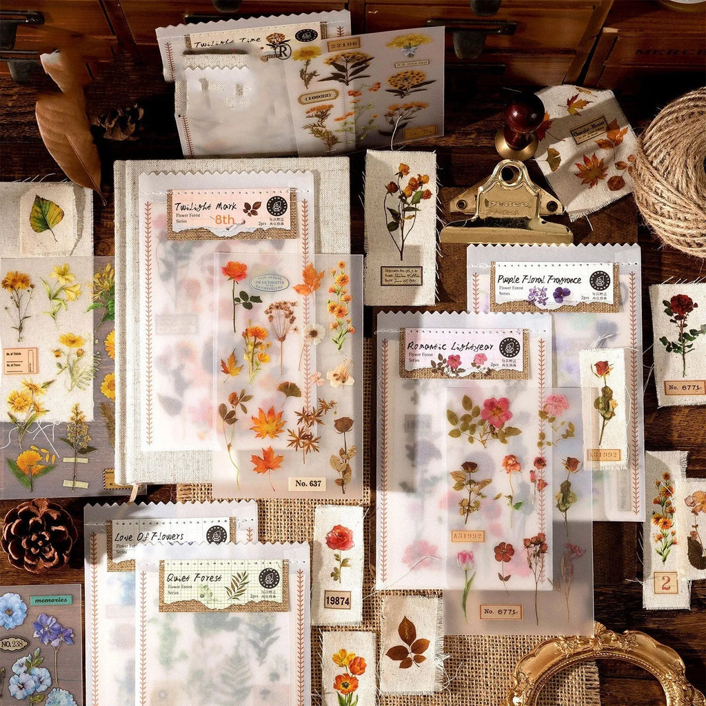 Huazhisen forest art sticker pack showing transfer paper and cotton linen sheets with literary style designs