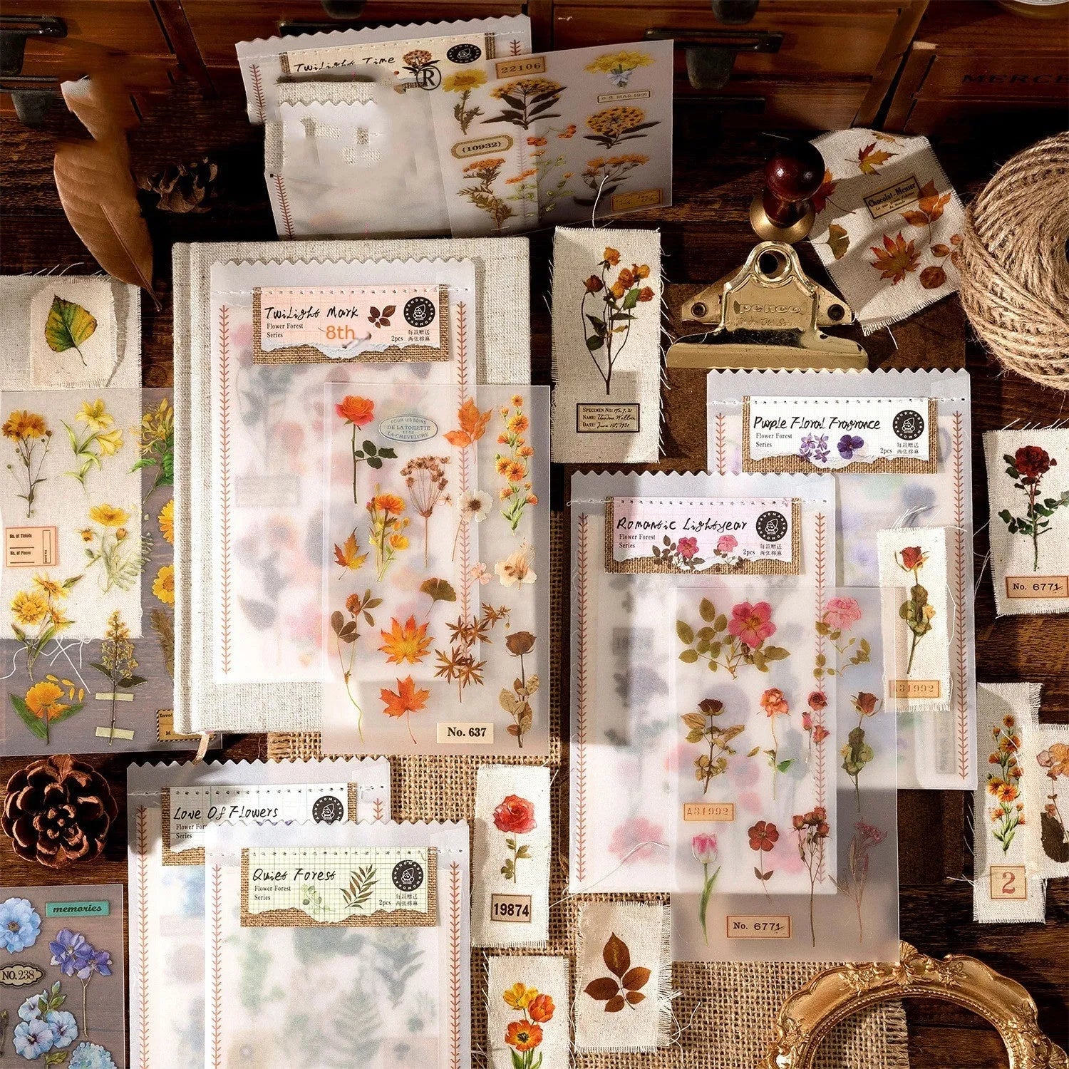 Huazhisen forest art sticker pack showing transfer paper and cotton linen sheets with literary style designs