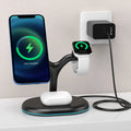 Black magnetic three-in-one wireless charger with ABS plastic construction and lithium battery