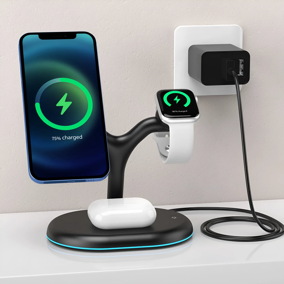 Black magnetic three-in-one wireless charger with ABS plastic construction and lithium battery