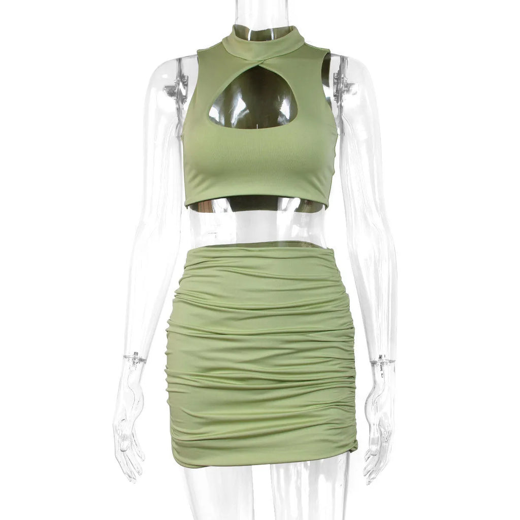 Light purple two-piece set with hollow vest and split skirt for commuting wear