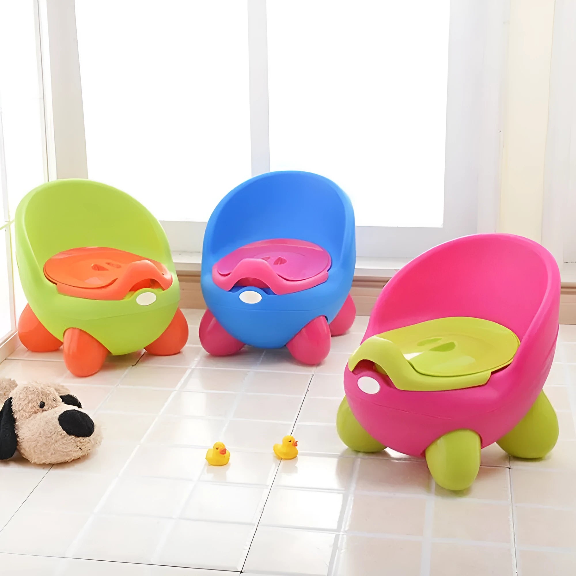 Cartoon-themed baby toilet training potty stool in a choice of six colours