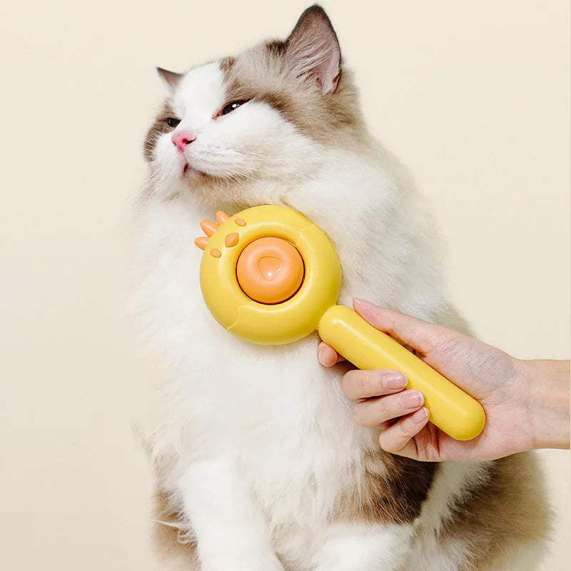 Self-cleaning pet grooming brush with purple white yellow options showing stainless steel bristles