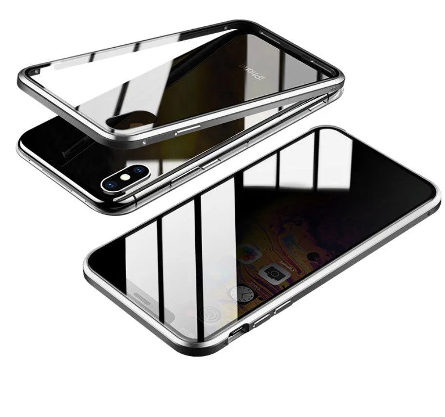 Glass anti-spy clamshell phone case for iPhone in black, blue, gold, green, red, or silver.