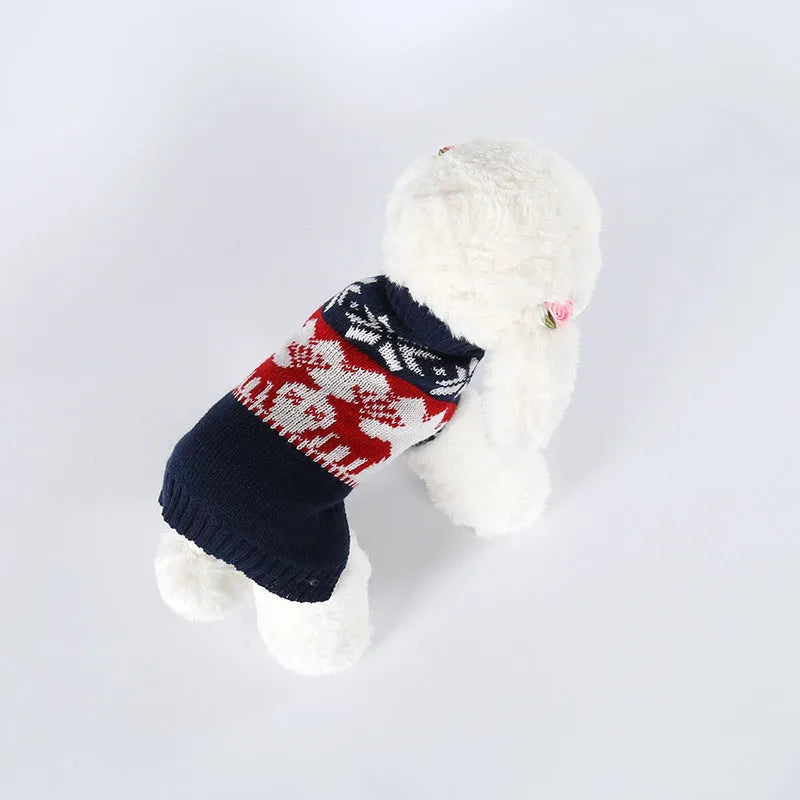 Navy blue Christmas dog sweater with knitted acrylic construction showing festive patterns