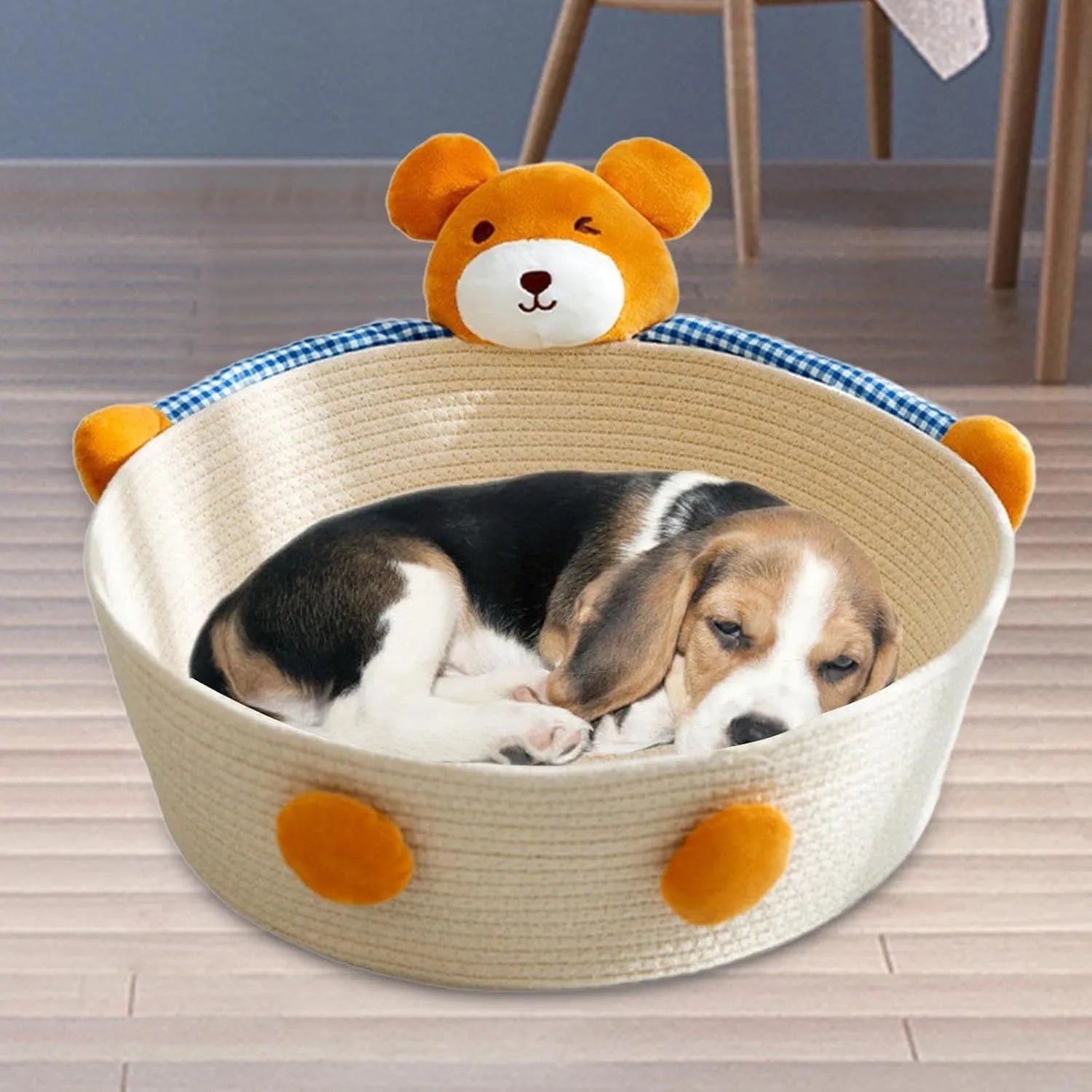 Woven cotton rope cat bed with integrated scratch board in bear design, showing basket shape with pet toy storage