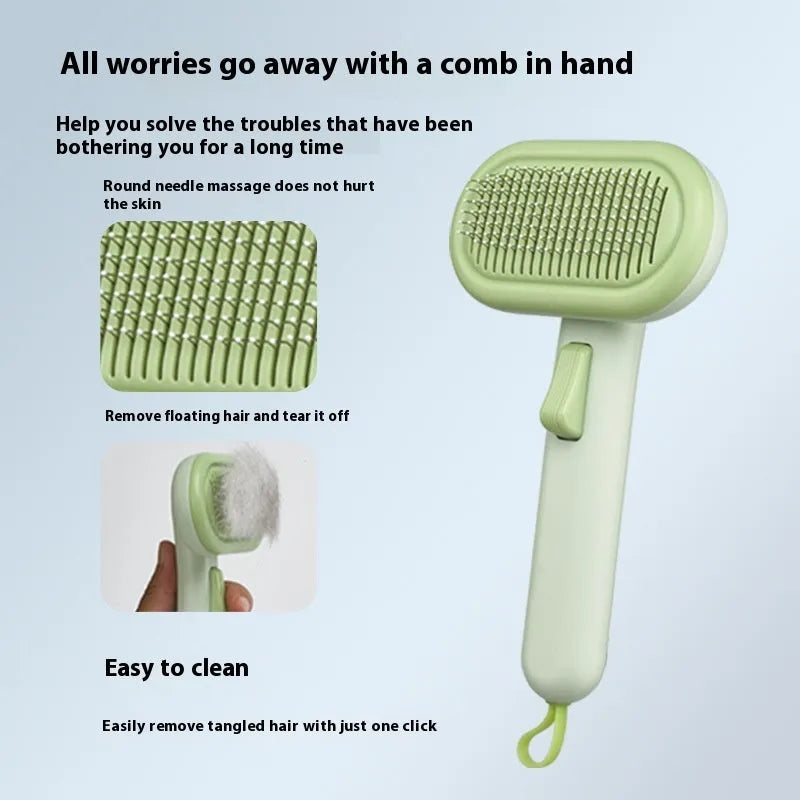 Large light grey pet hair removal comb for cats and dogs on a plain background.