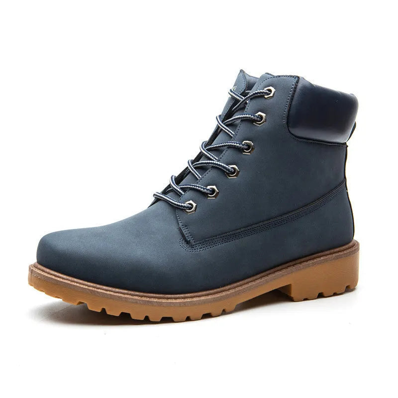 Men's pink high-top Martin boots with velvet lining and flat sole on a white background.