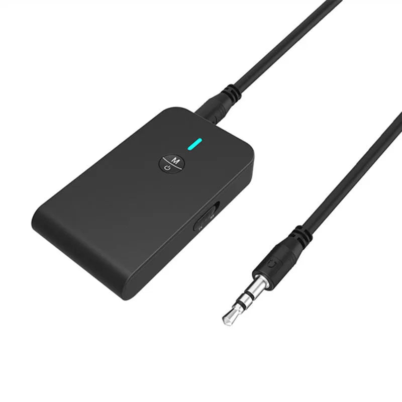 A black Bluetooth audio adapter with a 3.5mm AUX plug and external power cable.