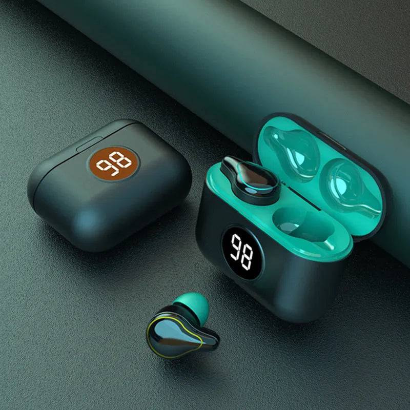 Black and blue wireless in-ear Bluetooth headset with bilateral stereo sound design.