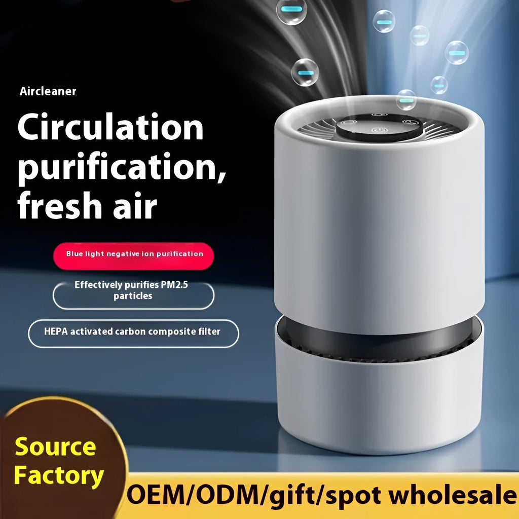 White desktop air purifier unit on table with USB cable for small room air cleaning