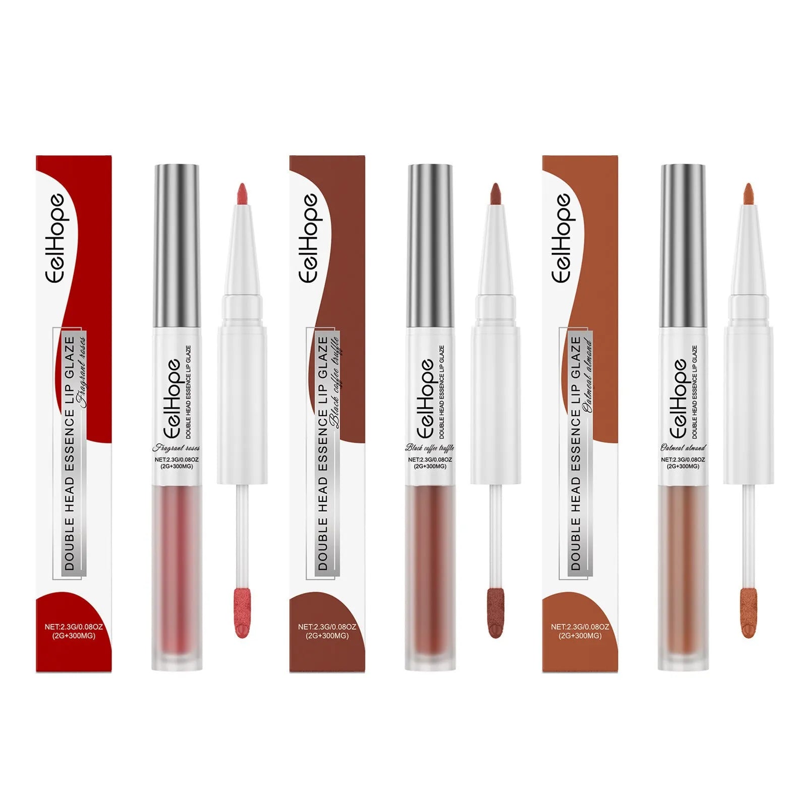 Double-headed lip liner and lip lacquer pen, a lipstick with three colour options.