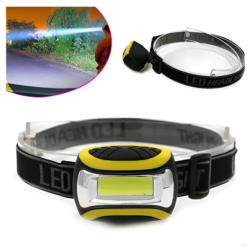 Yellow plastic three-speed COB LED headlamp for outdoor activities.