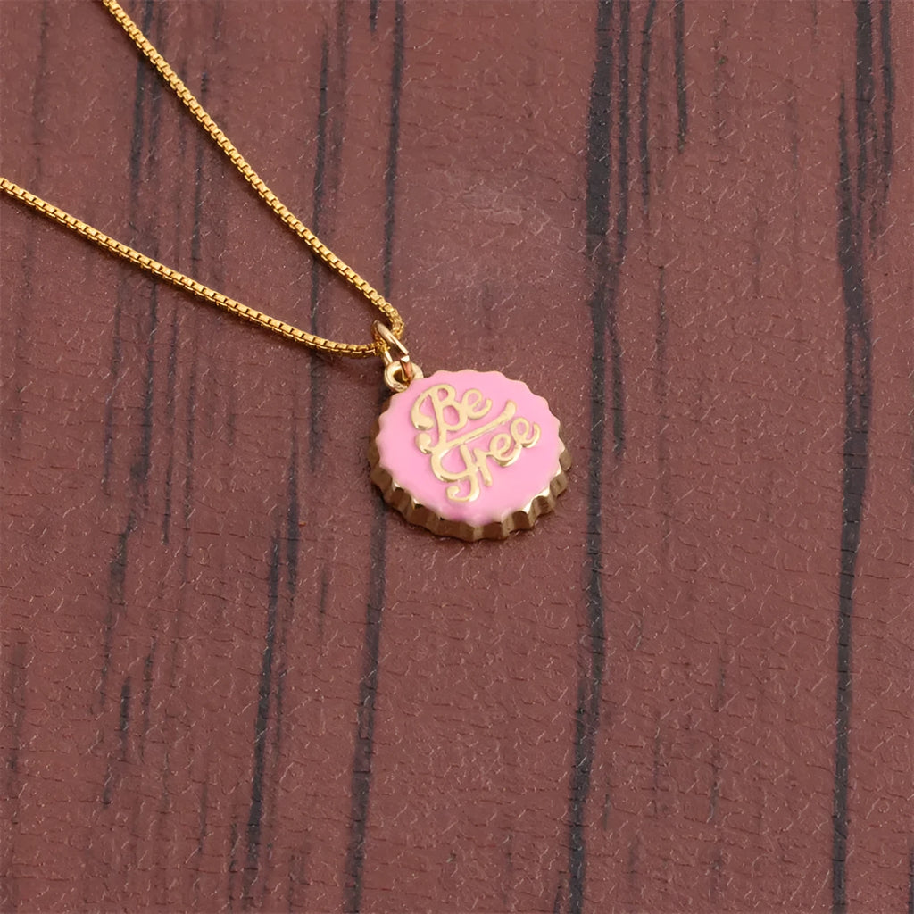 Copper bottle cap pendant necklace with gold electroplating on a 40cm box chain.