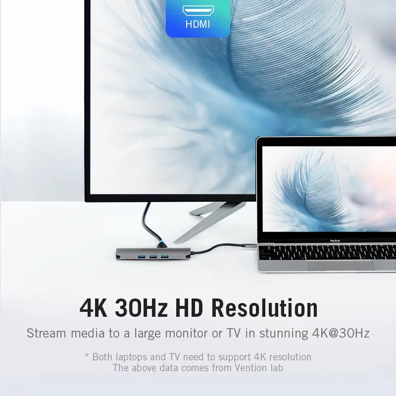 Deep grey USB-C to HDMI, USB 3.0, Ethernet, and card reader hub adapter on a desk