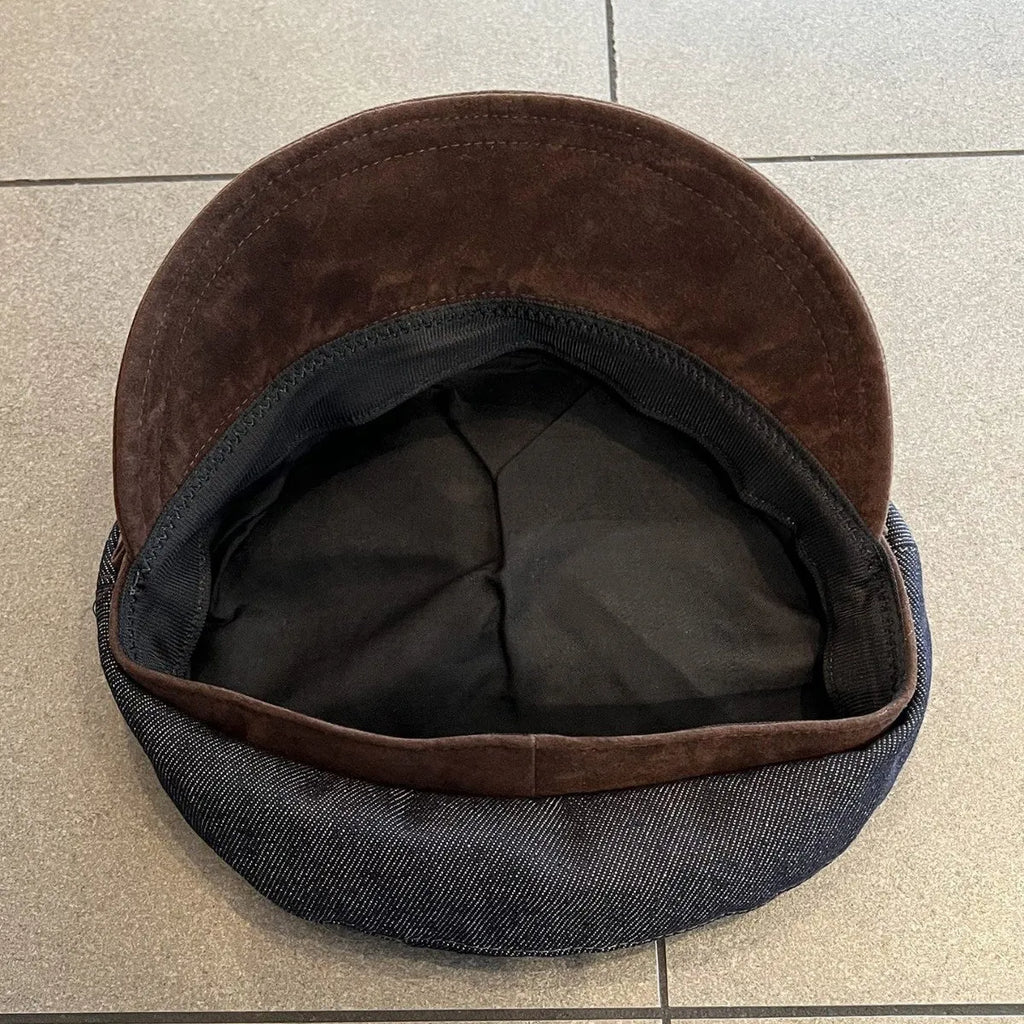 British retro octagonal denim newsboy hat with adjustable sizing