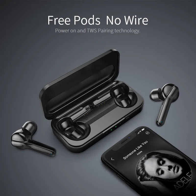 Black and white TWS wireless earbuds with Bluetooth 5.0 and IPX5 waterproof rating