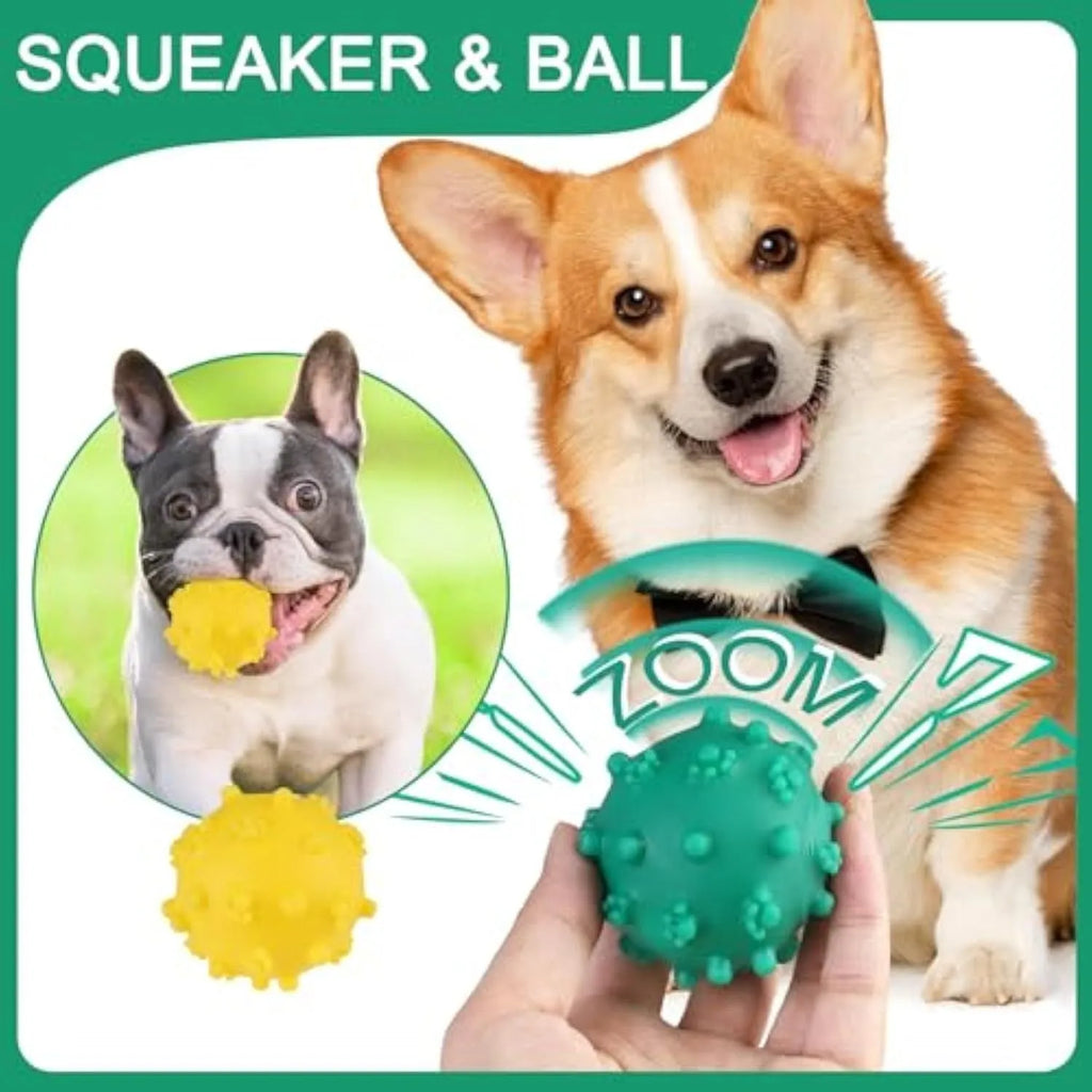 Blue spiky squeaky dog toy ball with paw print dimples measuring 2 inches in diameter