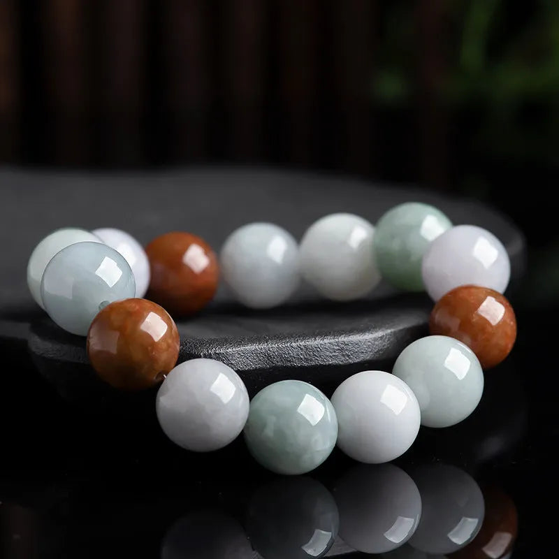 Women's Myanmar jade bracelet with 13mm three-colour round beads and certificate