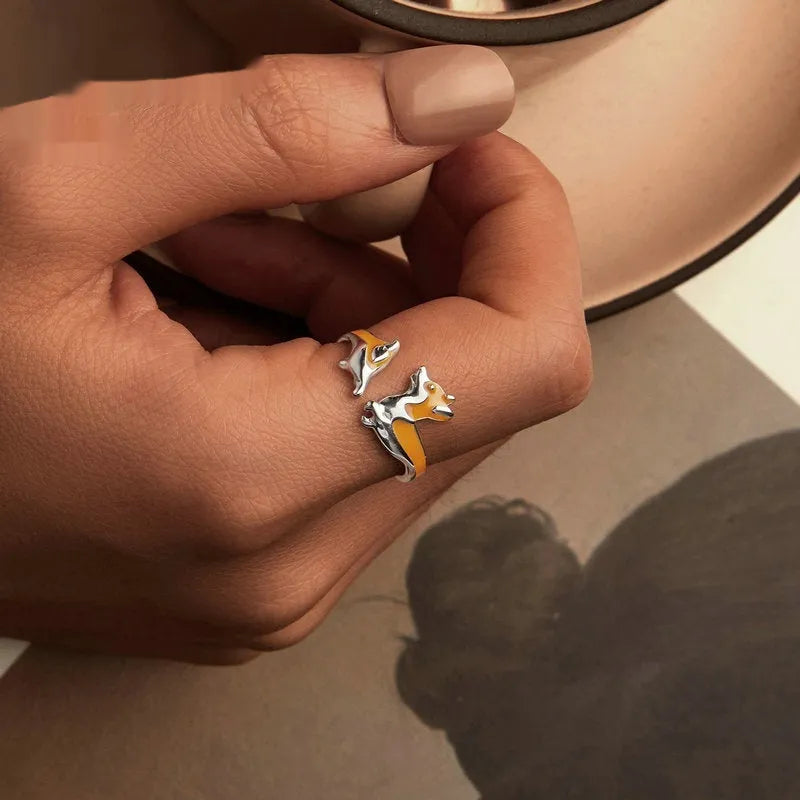 Silver corgi dog cartoon ring with electroplated SCR1014-E colour finish for women