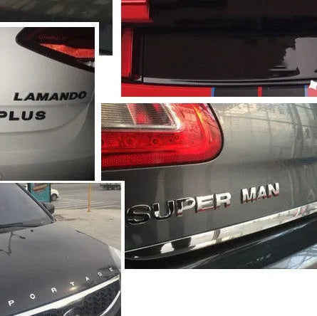 3D metal car bumper sticker with raised English letter on vehicle surface