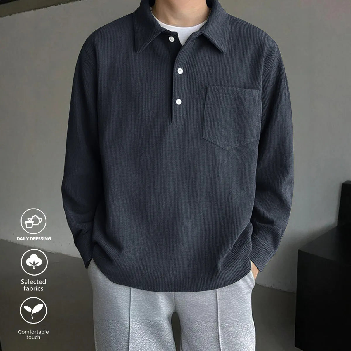 American retro casual bottoming shirt, loose pullover polyester top in black, green, or dark gray, sizes S to XXL