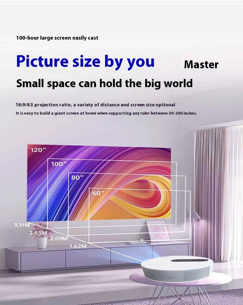 White HD home projector with remote control on a table