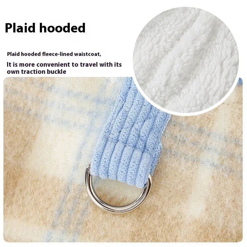 Blue corduroy dog vest with chessboard pattern and hood, size guide showing weight ranges