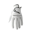 A single white half sheepskin leather golf glove for men, laid flat.