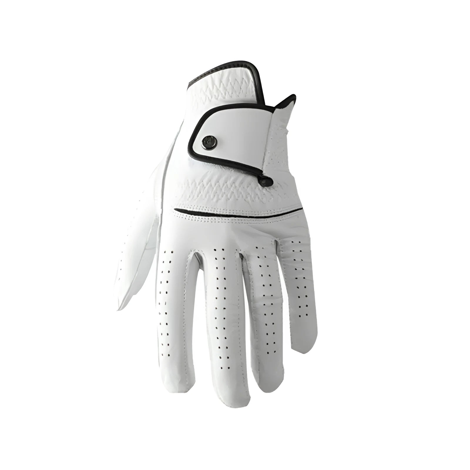 A single white half sheepskin leather golf glove for men, laid flat.