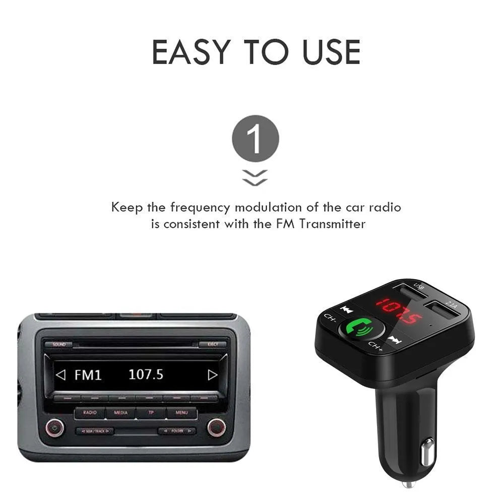 Black FM transmitter car charger receiver with LED screen, USB2.0 interface, TF card slot, and 12-24V cigarette lighter power supply
