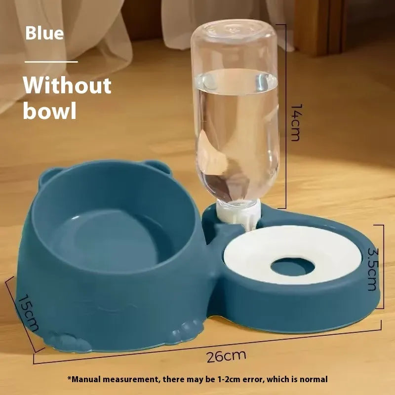 Automatic double bowl pet drinking basin in haze blue with stainless steel and ceramic dispenser.