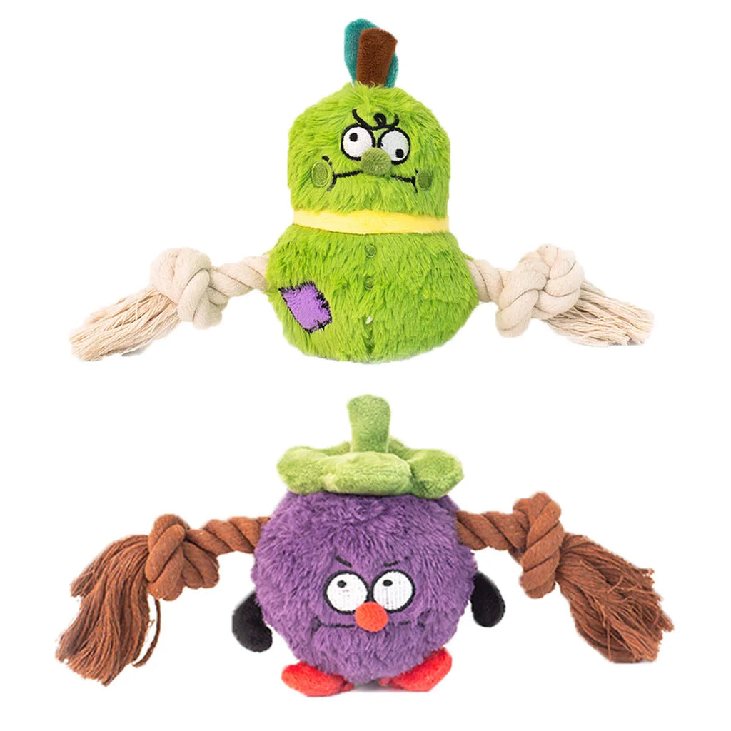 Green and purple interactive dog plush toy with internal rope knot for tug-of-war and chewing.