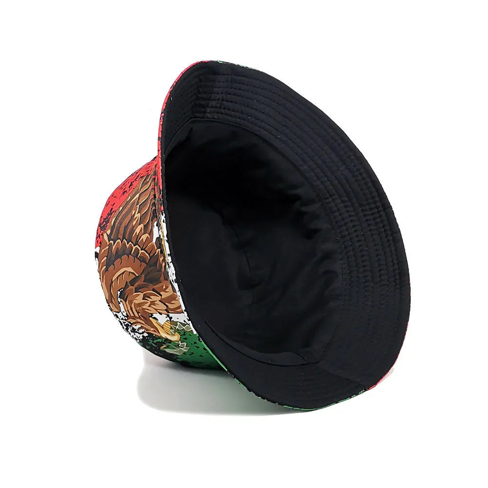 Retro eagle pattern polyester bucket hat with dome crown on a white background.