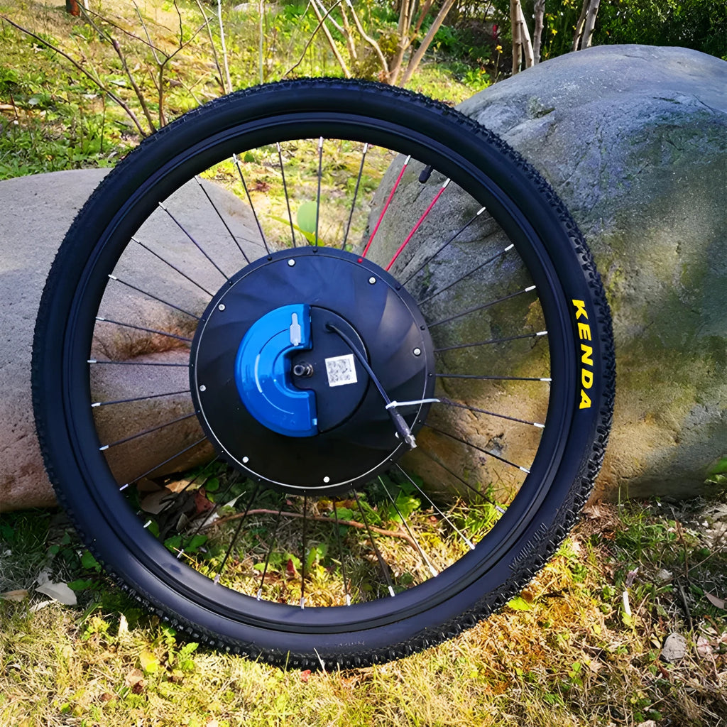 Yunzhilun electric bicycle conversion kit showing alloy hub motor wheel, lithium battery, and charger for 26-inch bikes