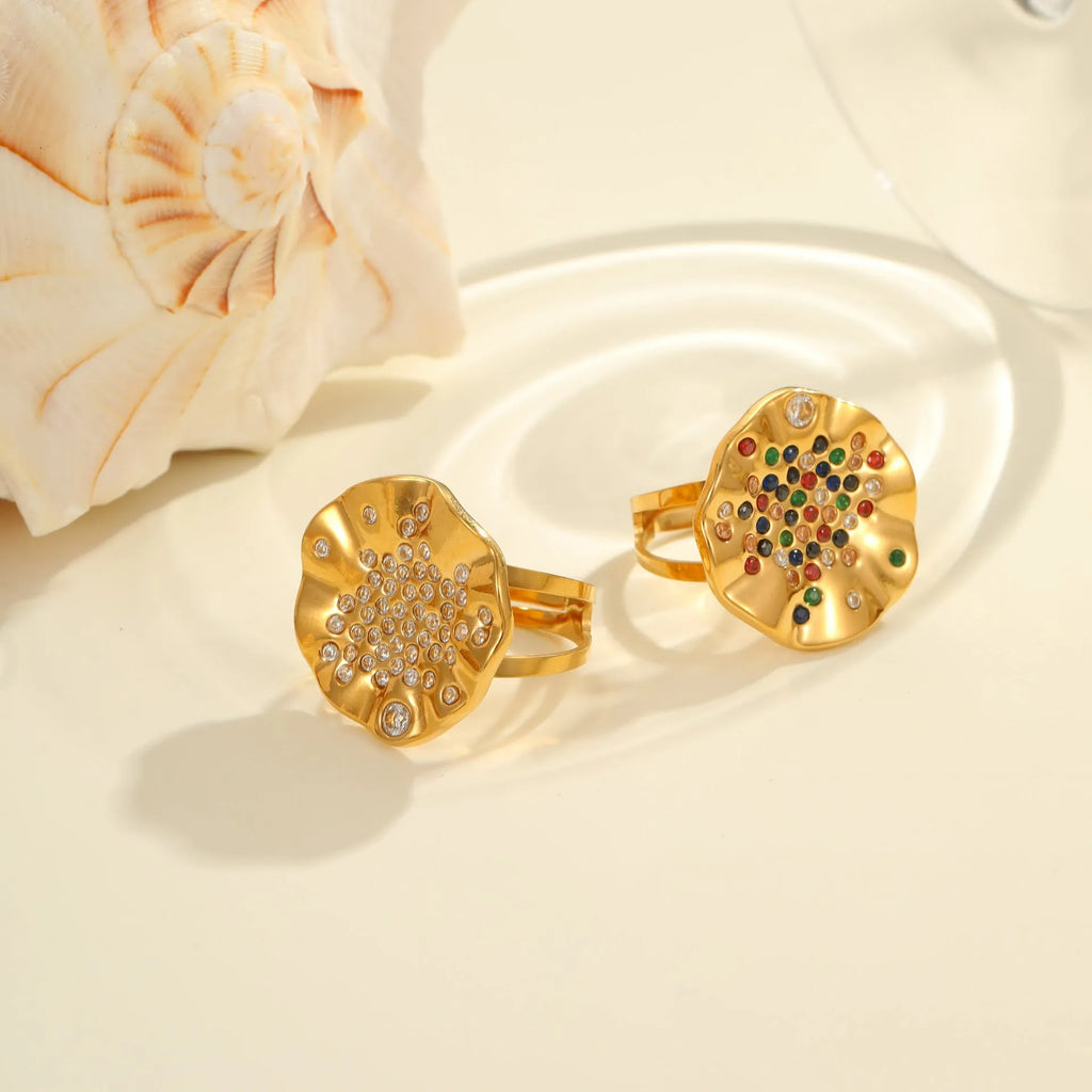 Geometric open mouth ring with pleated design and colour diamond inlays on stainless steel