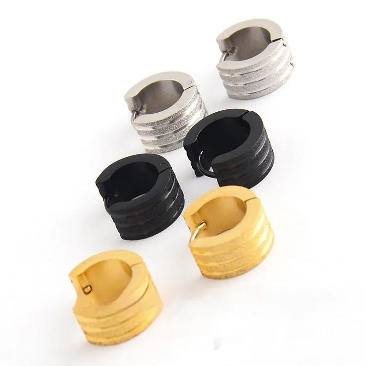 Korean style three-line frosted geometric titanium steel earrings in gold, black, or steel colour.